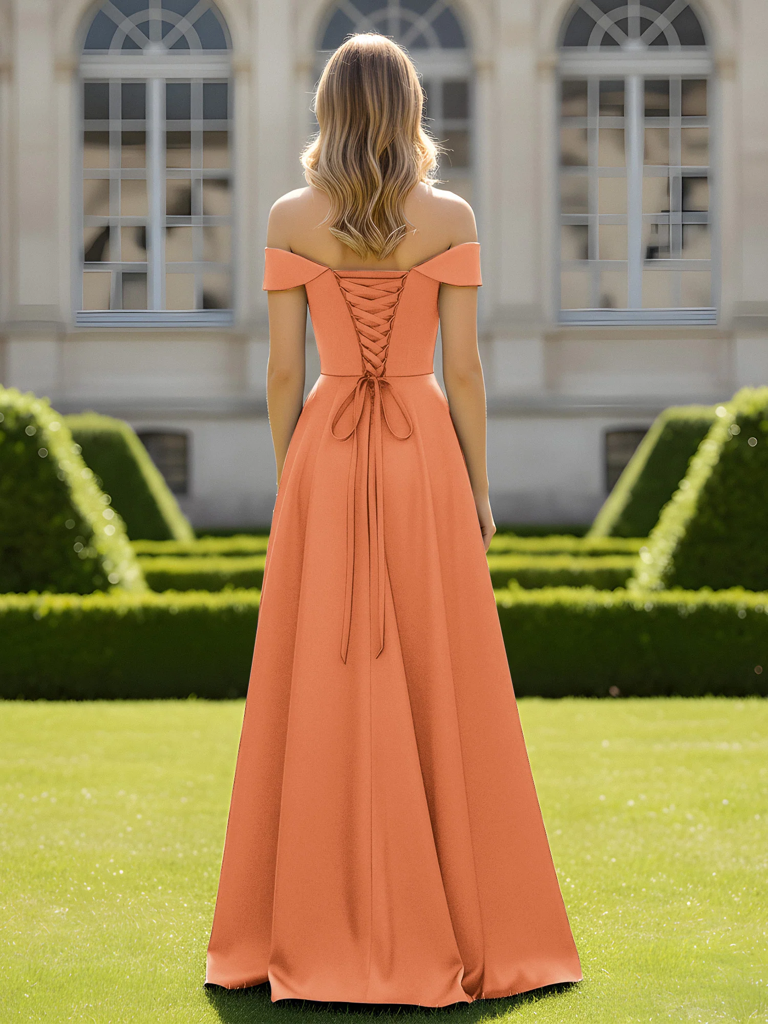 Off-The-Shoulder A-Line Satin Minimal Dress Papaya - Image 2