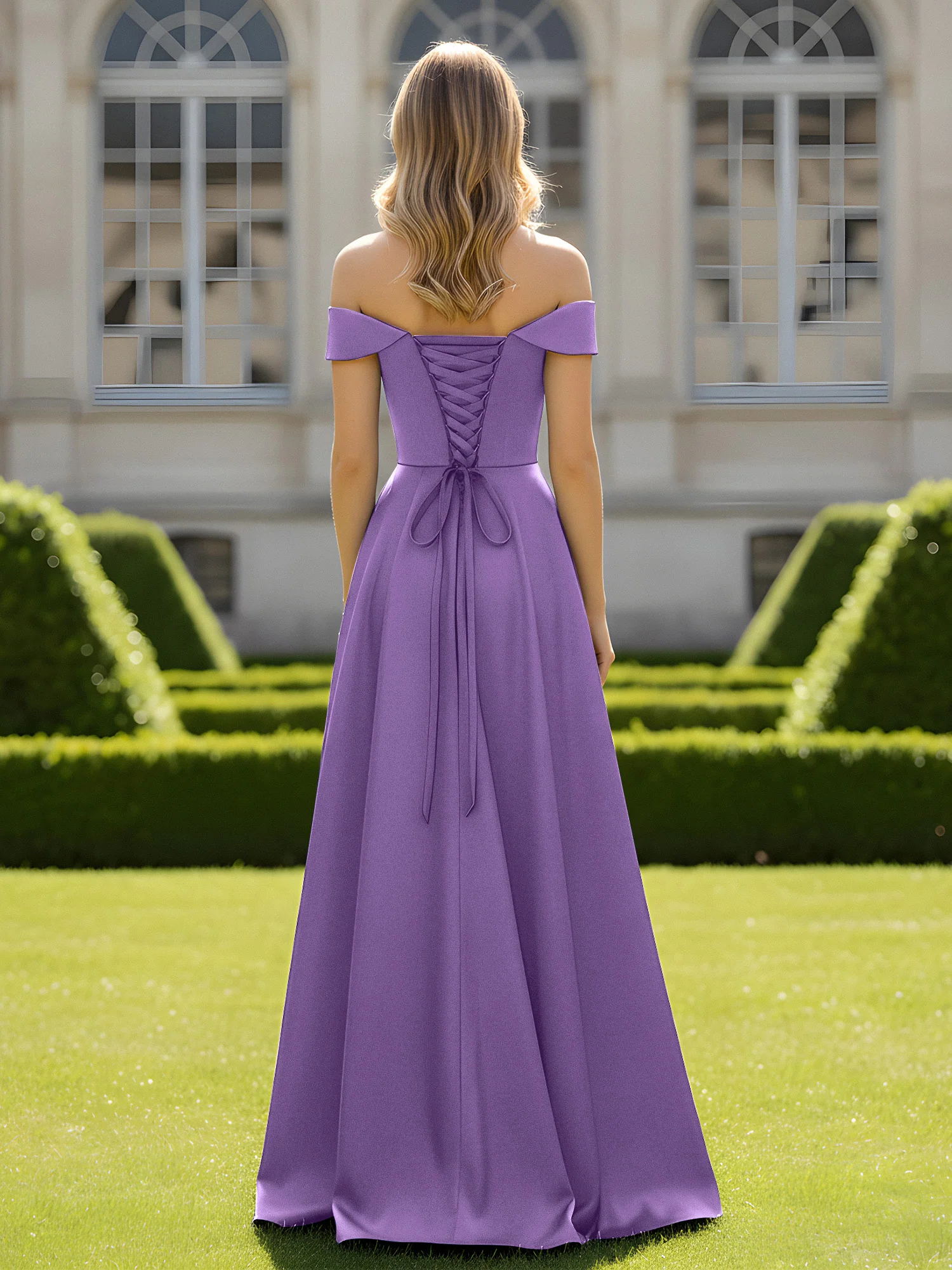 Off-The-Shoulder A-Line Satin Minimal Dress Tahiti - Image 2