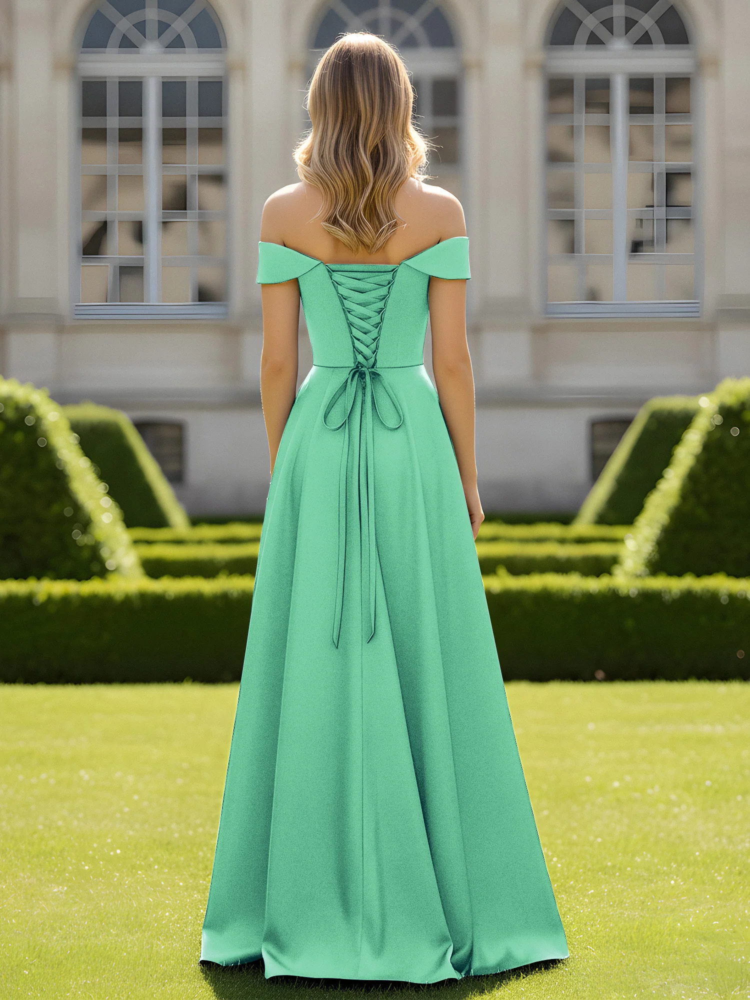 Off-The-Shoulder A-Line Satin Minimal Dress Turquoise - Image 2