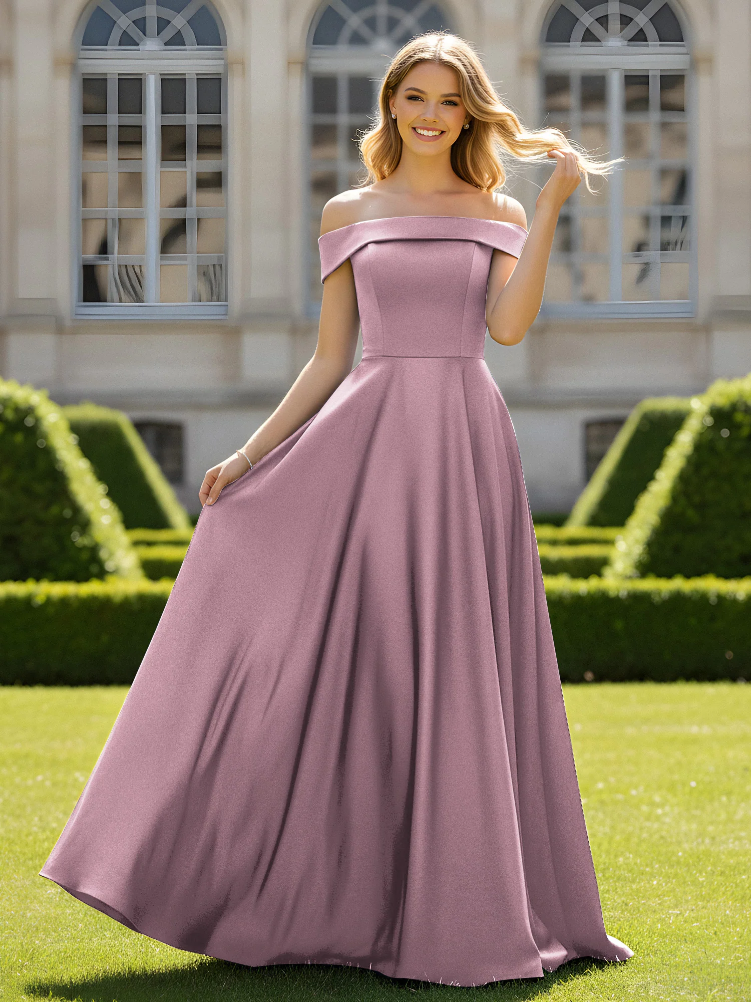 Off-The-Shoulder A-Line Satin Minimal Dress Vintage Mauve