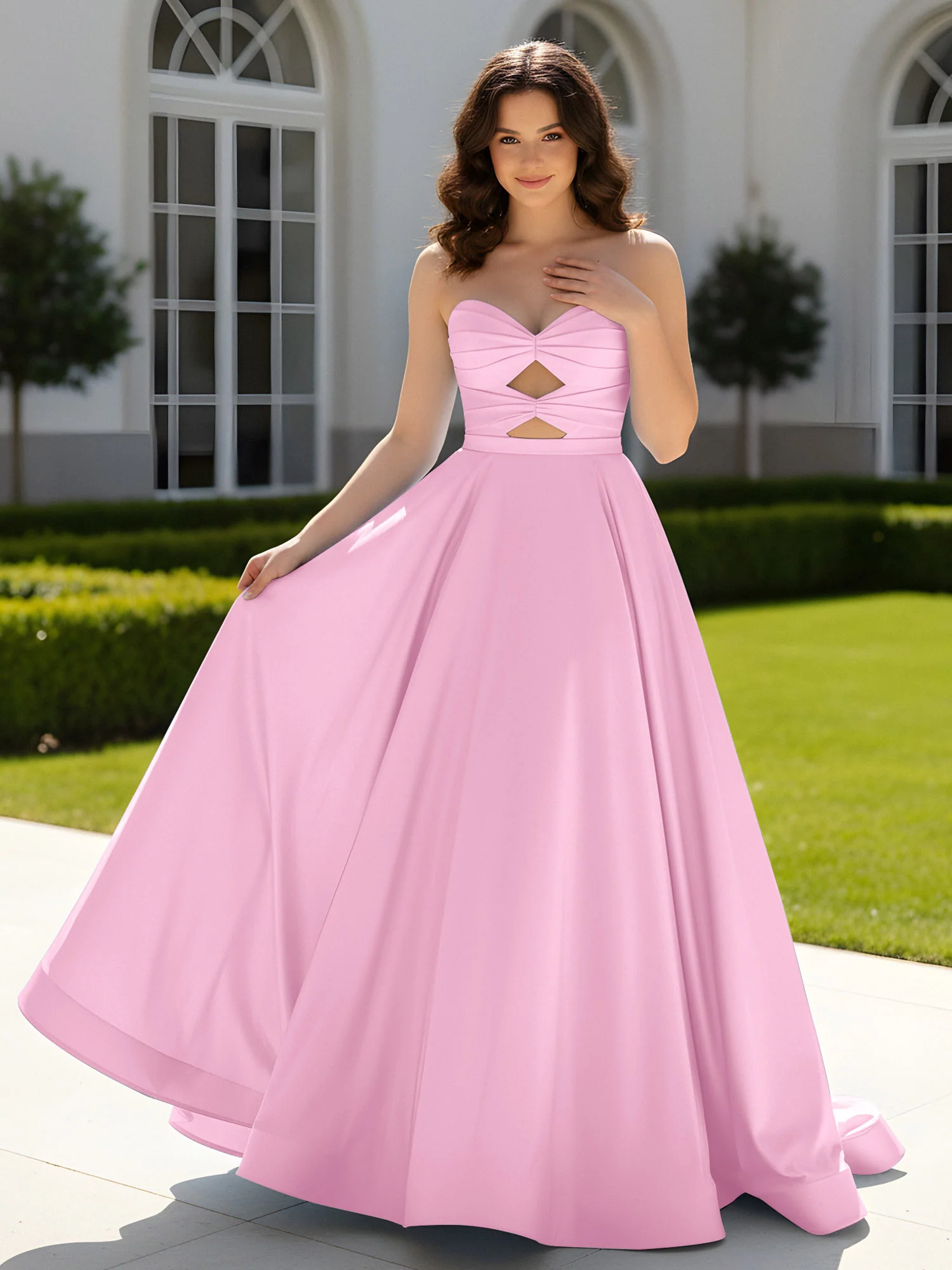 Pleated Sweetheart Satin Ball Gown With Sweep/Brush Train Candy Pink