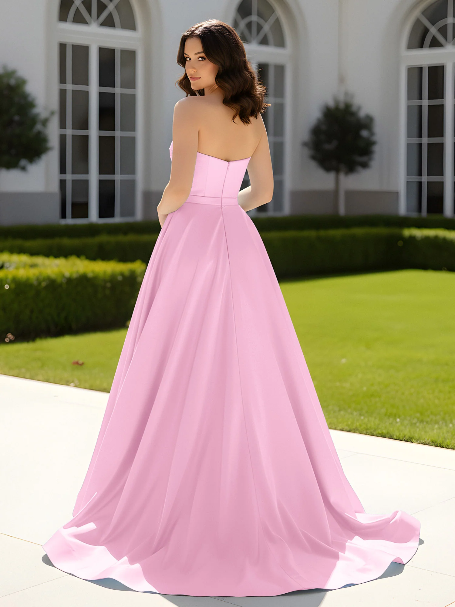 Pleated Sweetheart Satin Ball Gown With Sweep/Brush Train Candy Pink - Image 2