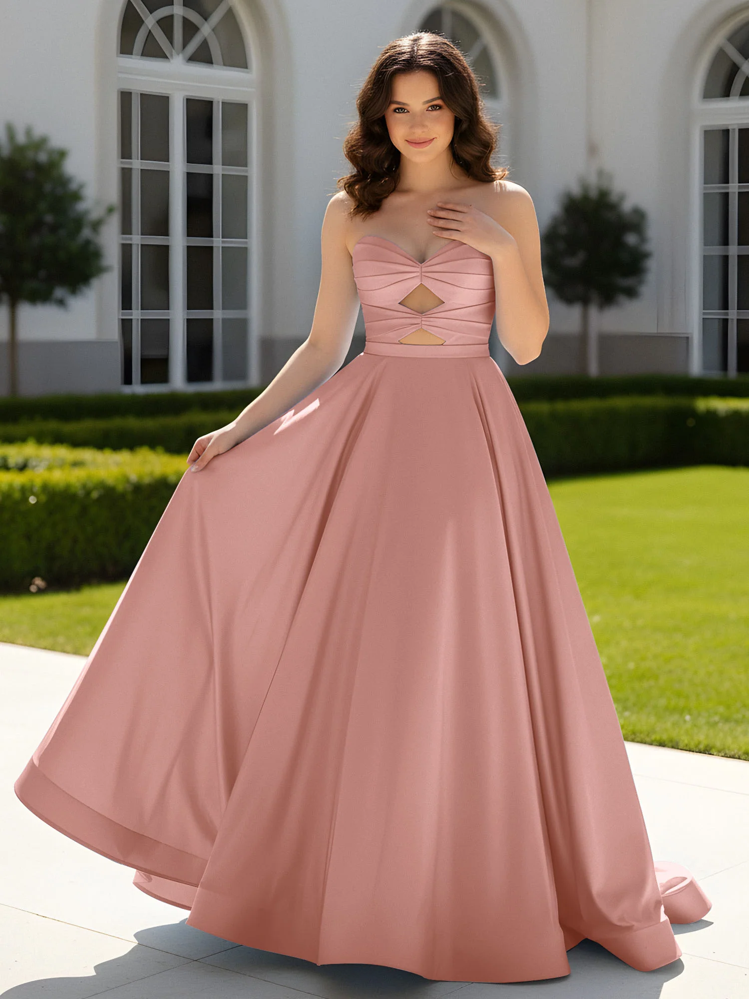 Pleated Sweetheart Satin Ball Gown With Sweep/Brush Train Dusty Rose