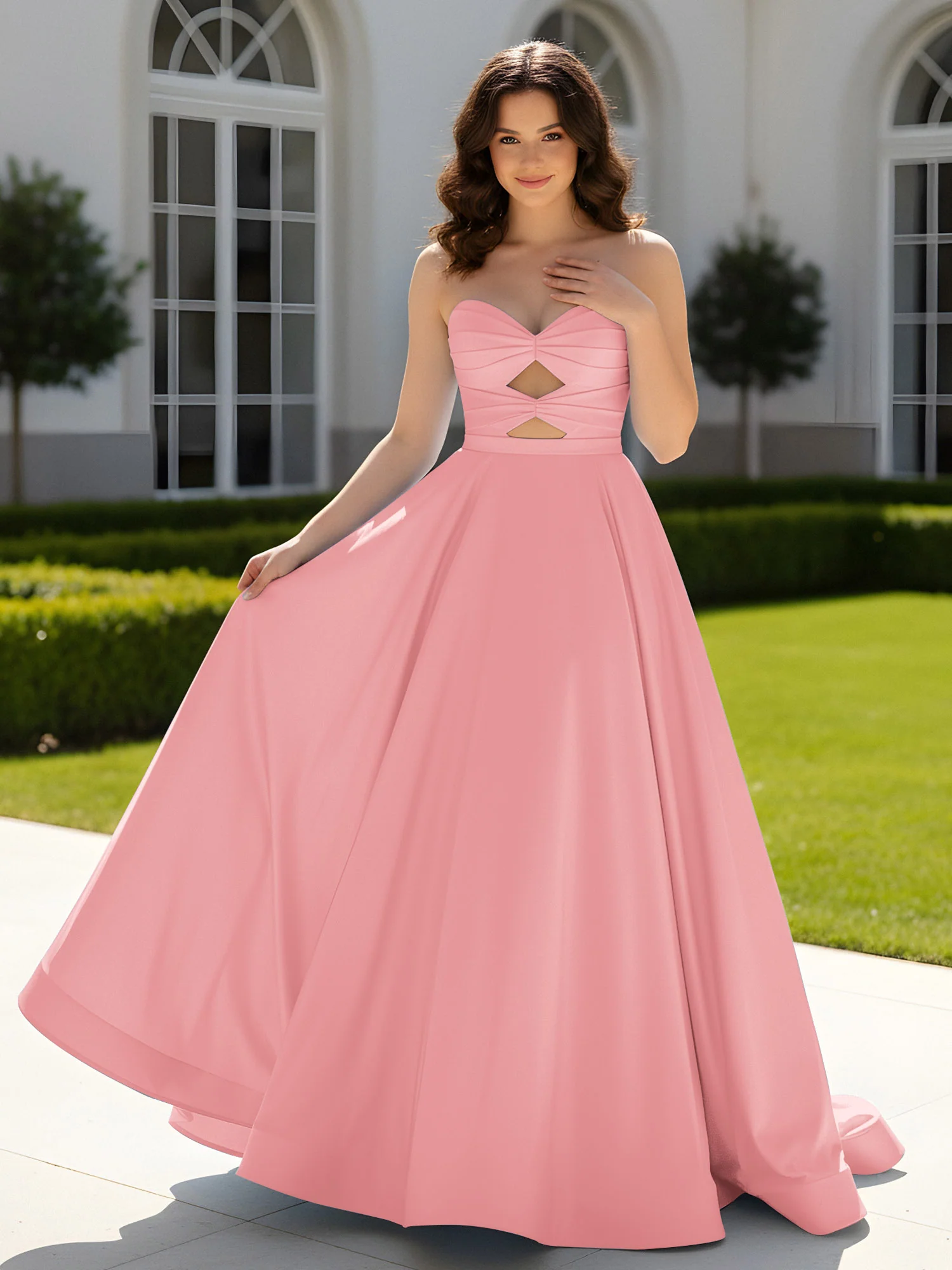Pleated Sweetheart Satin Ball Gown With Sweep/Brush Train Flamingo