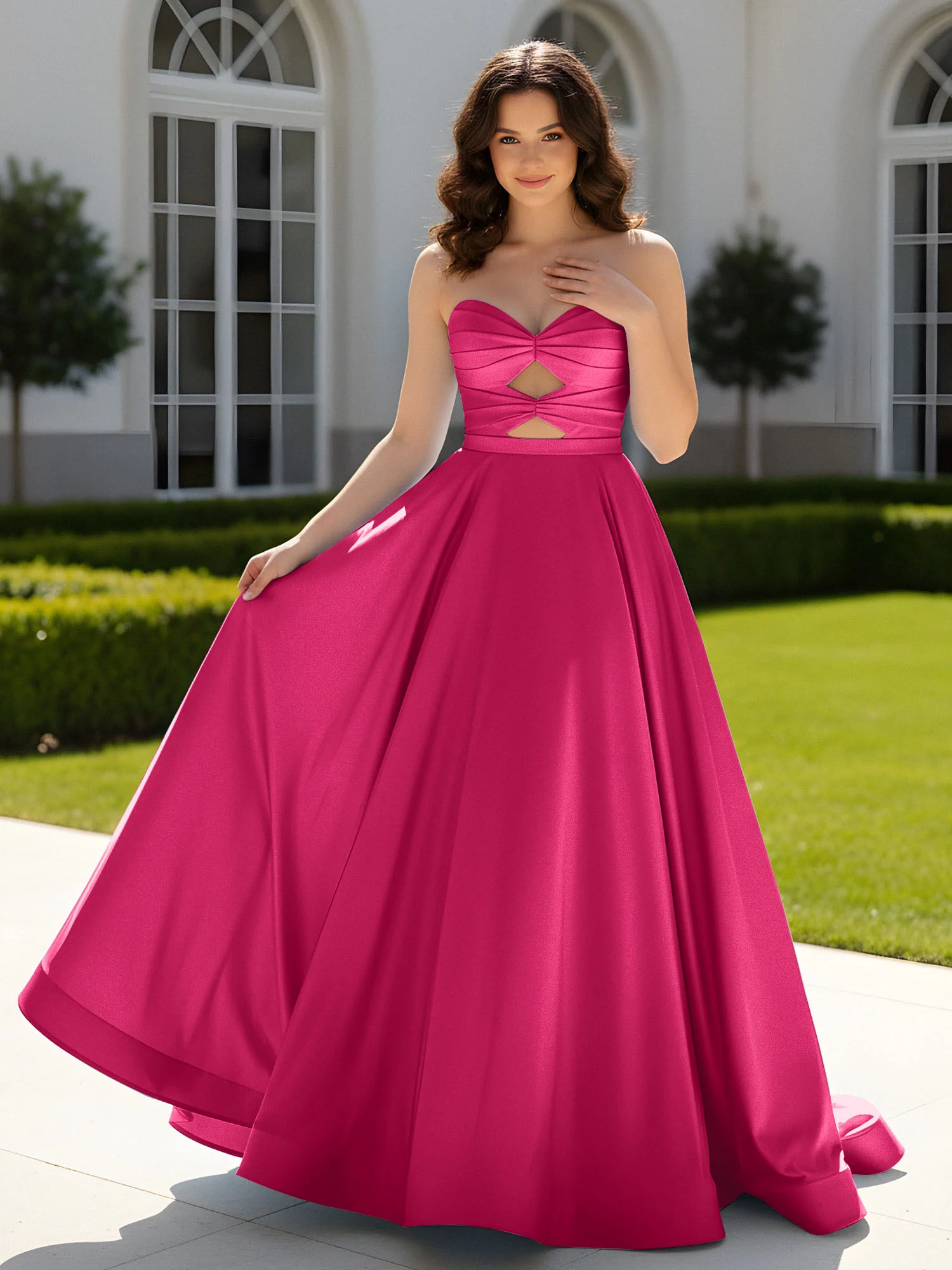 Pleated Sweetheart Satin Ball Gown With Sweep/Brush Train Fuchsia