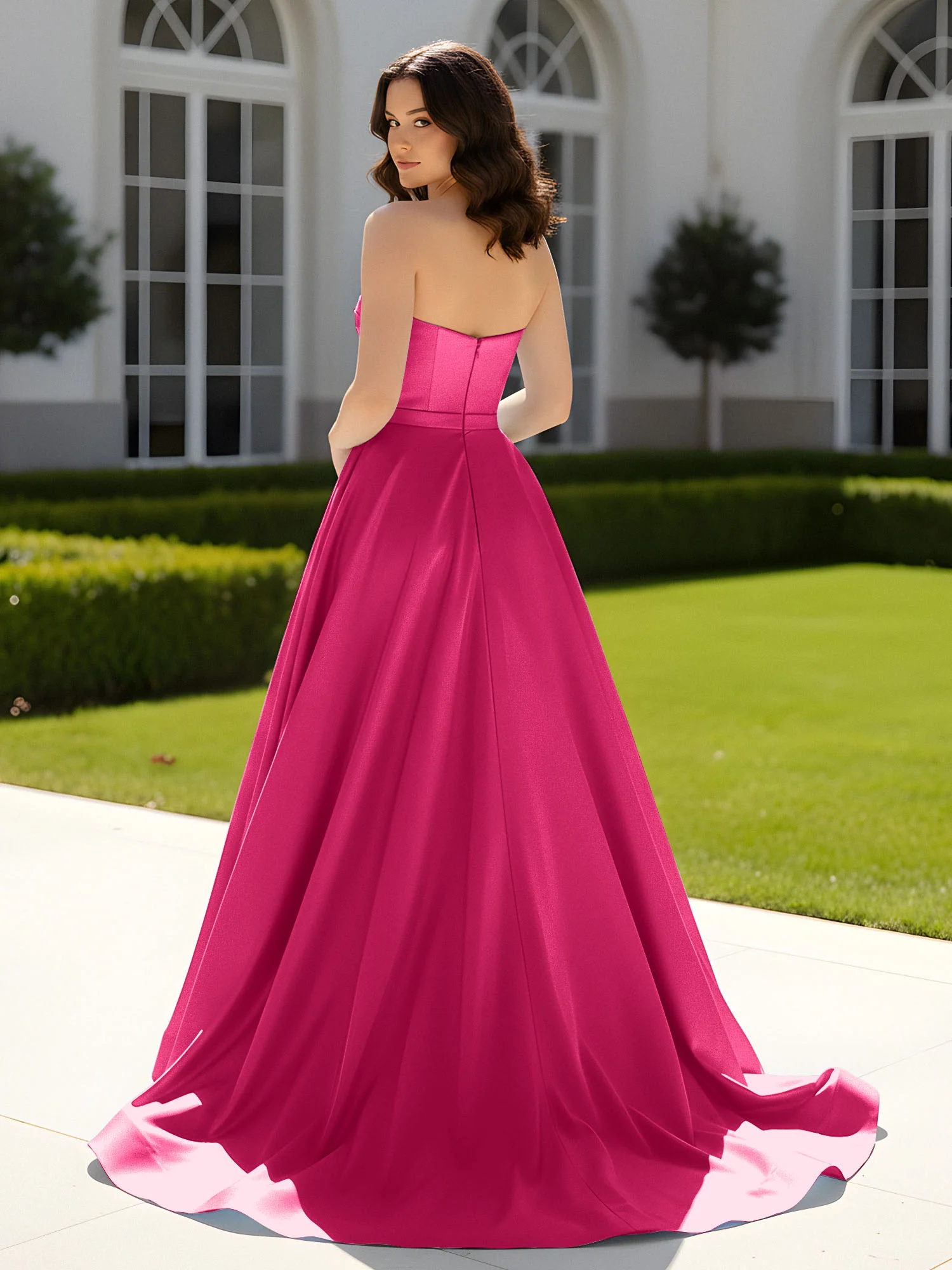 Pleated Sweetheart Satin Ball Gown With Sweep/Brush Train Fuchsia - Image 2