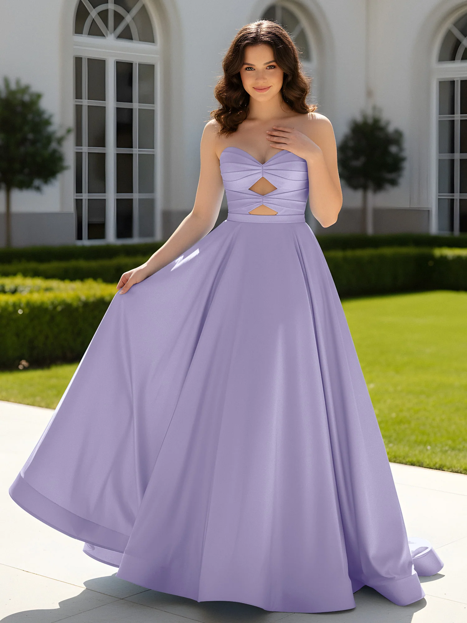 Pleated Sweetheart Satin Ball Gown With Sweep/Brush Train Lavender