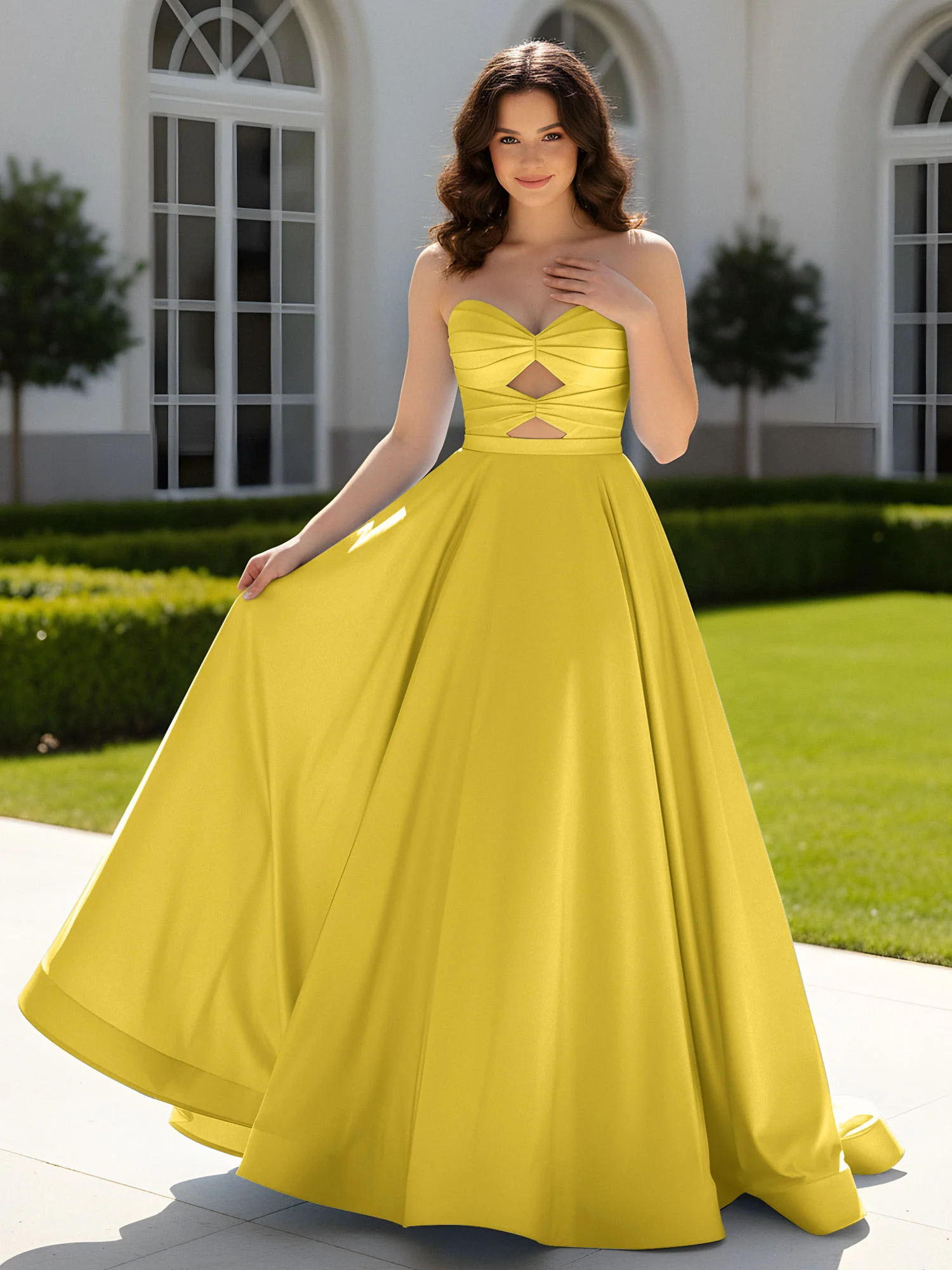 Pleated Sweetheart Satin Ball Gown With Sweep/Brush Train Marigold