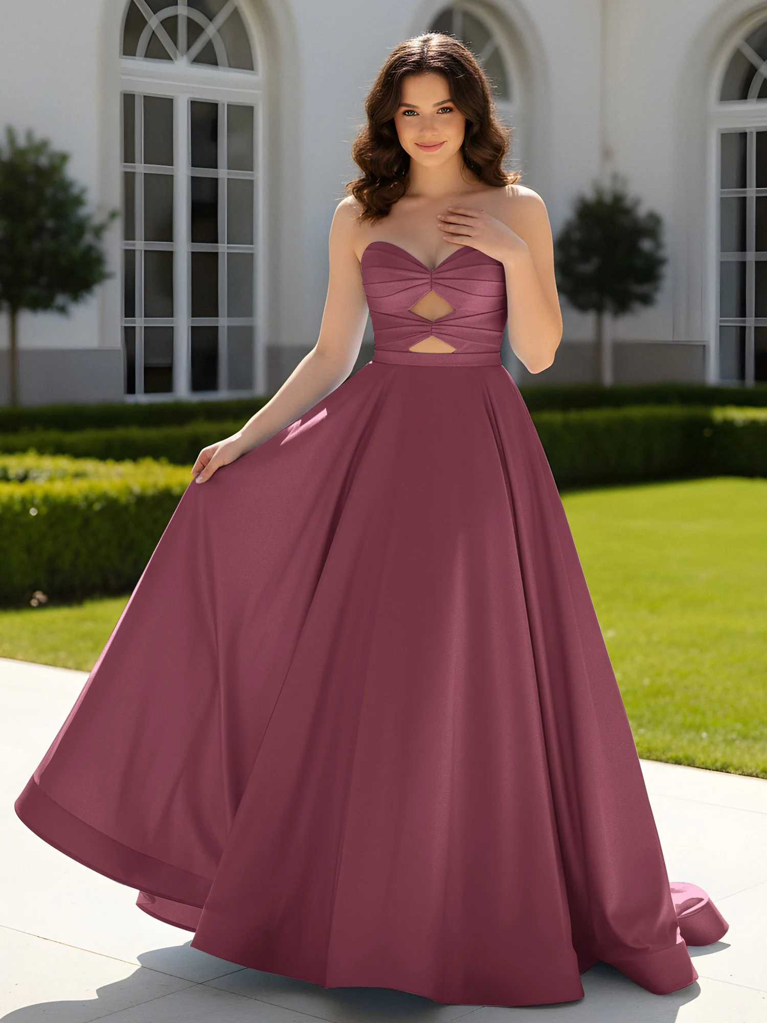 Pleated Sweetheart Satin Ball Gown With Sweep/Brush Train Mulberry