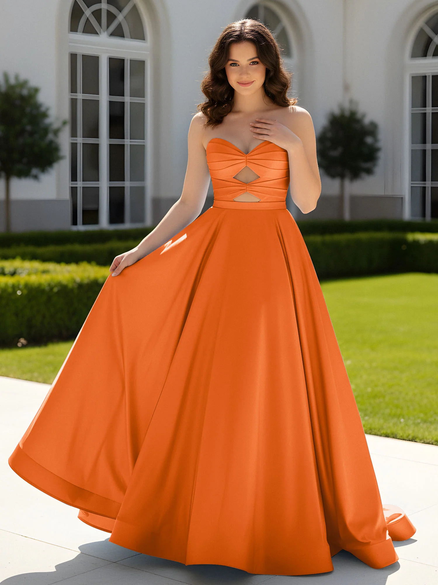 Pleated Sweetheart Satin Ball Gown With Sweep/Brush Train Orange