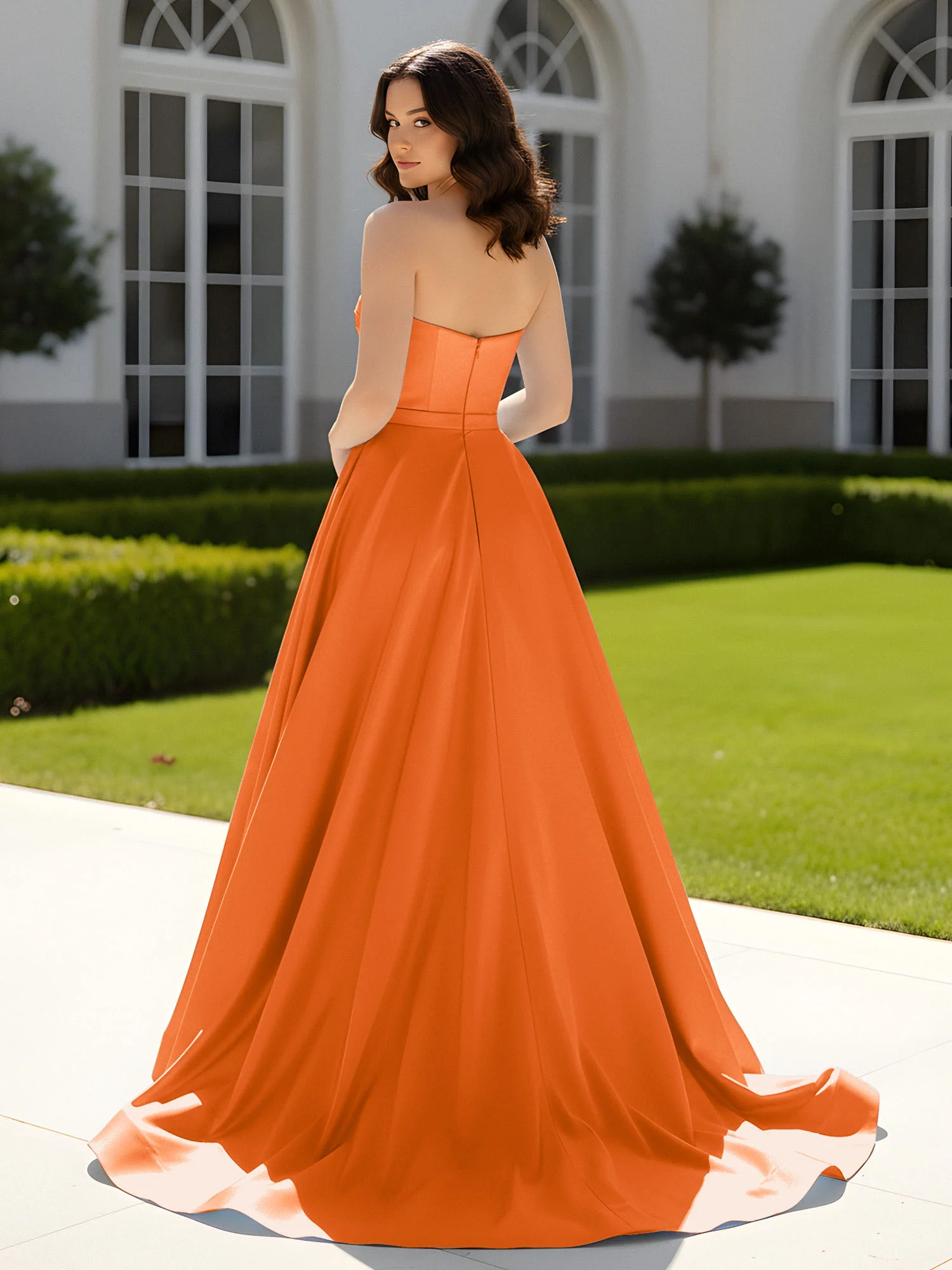 Pleated Sweetheart Satin Ball Gown With Sweep/Brush Train Orange - Image 2