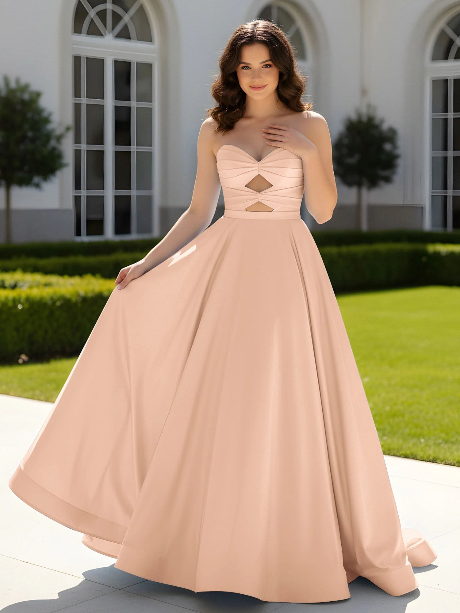 Pleated Sweetheart Satin Ball Gown With Sweep/Brush Train Peach