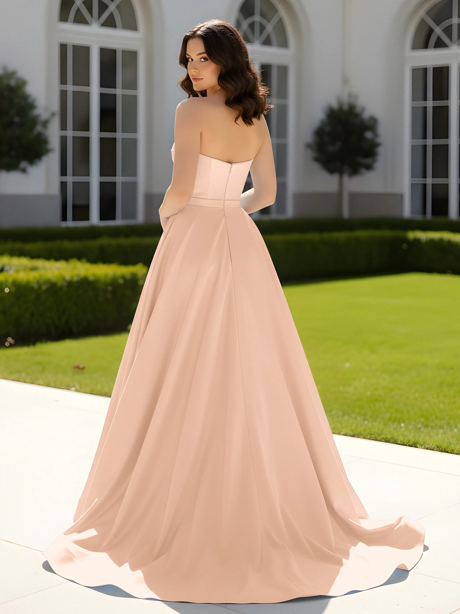 Pleated Sweetheart Satin Ball Gown With Sweep/Brush Train Peach - Image 2