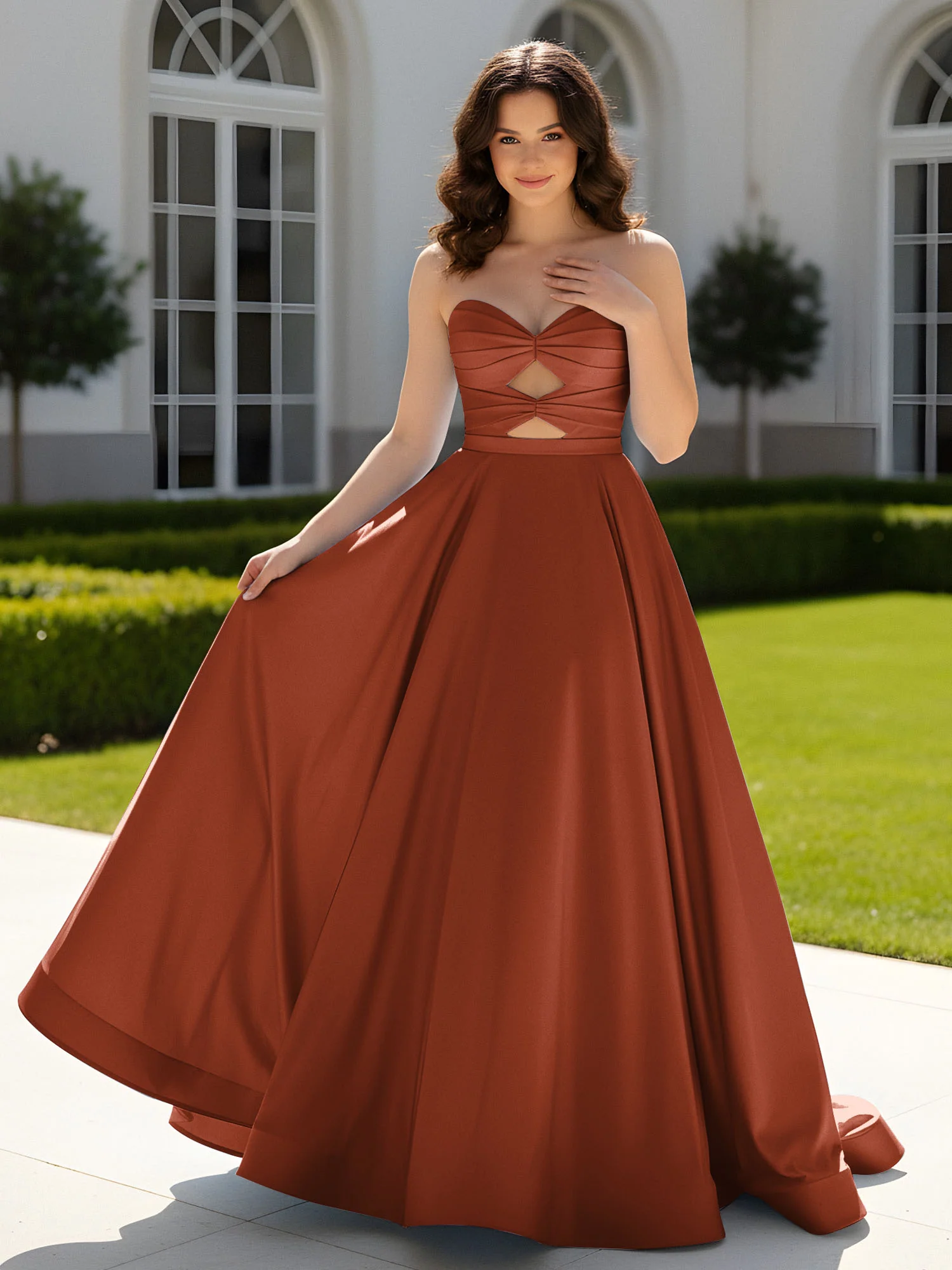 Pleated Sweetheart Satin Ball Gown With Sweep/Brush Train Rust