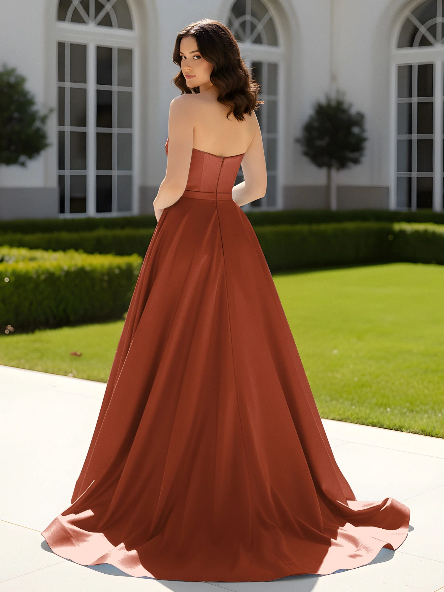 Pleated Sweetheart Satin Ball Gown With Sweep/Brush Train Rust - Image 2