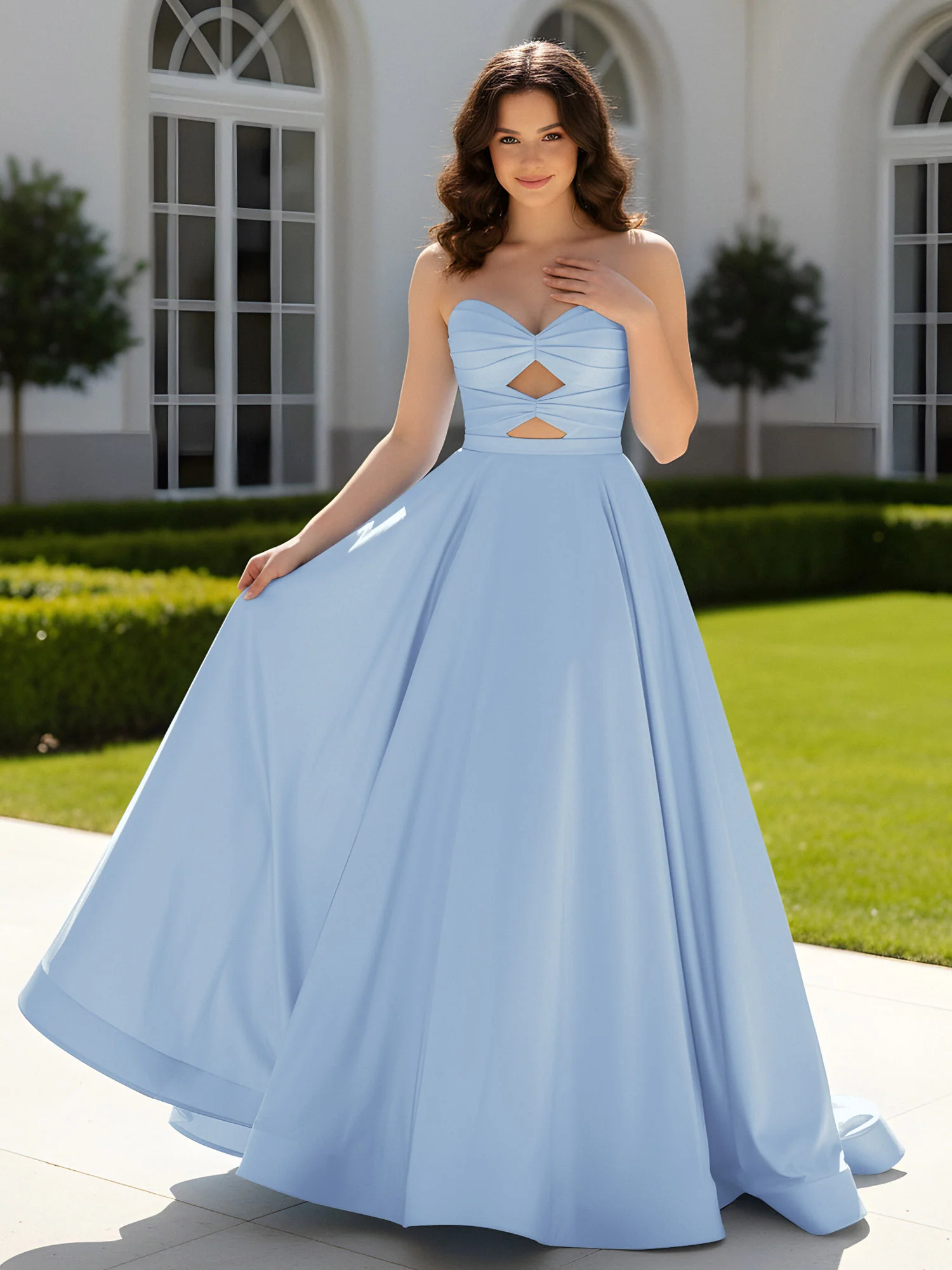 Pleated Sweetheart Satin Ball Gown With Sweep/Brush Train Sky Blue