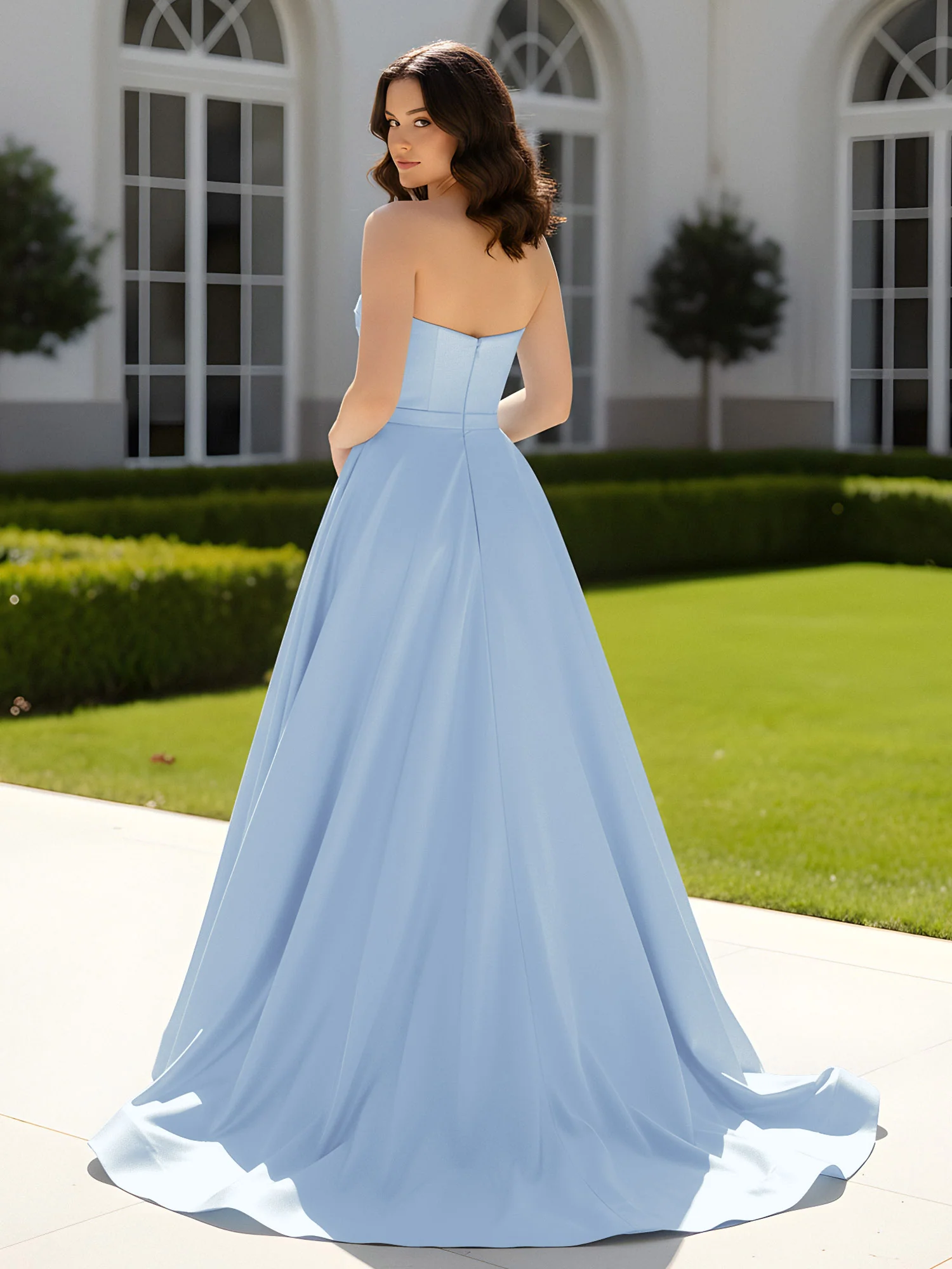 Pleated Sweetheart Satin Ball Gown With Sweep/Brush Train Sky Blue - Image 2