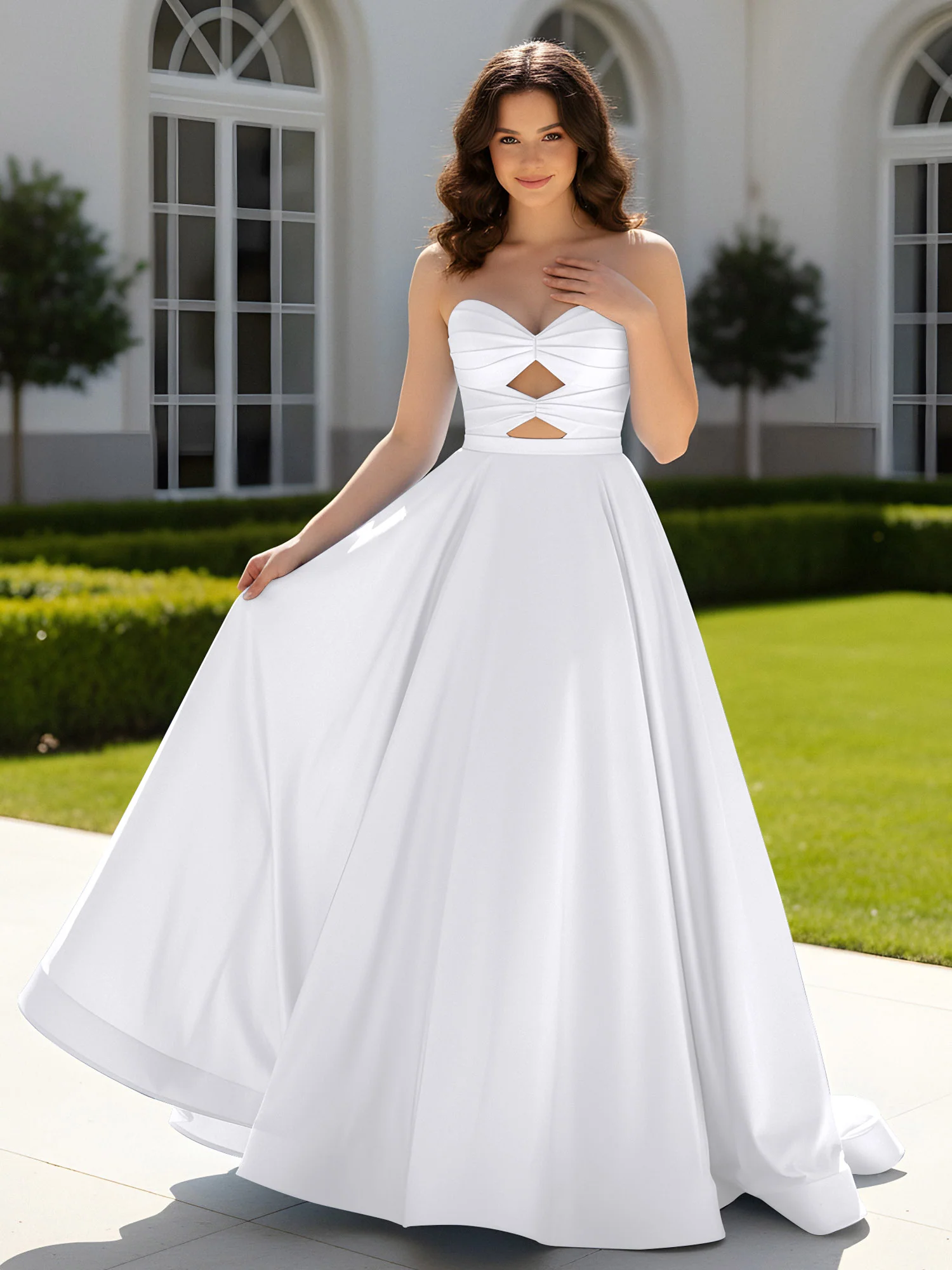 Pleated Sweetheart Satin Ball Gown With Sweep/Brush Train White